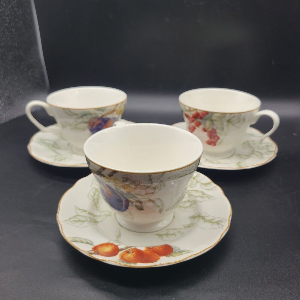 Set (3) Footed Cup & Saucers Summer Grove By Charter Club Casual Fruit Pattern